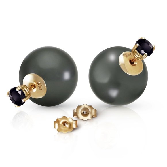 14K. SOLID GOLD STUD 1.0 CT. NATURAL BLACK DIAMONDS & BLACK SHELL PEARL EARRING - Picture 3 of 6